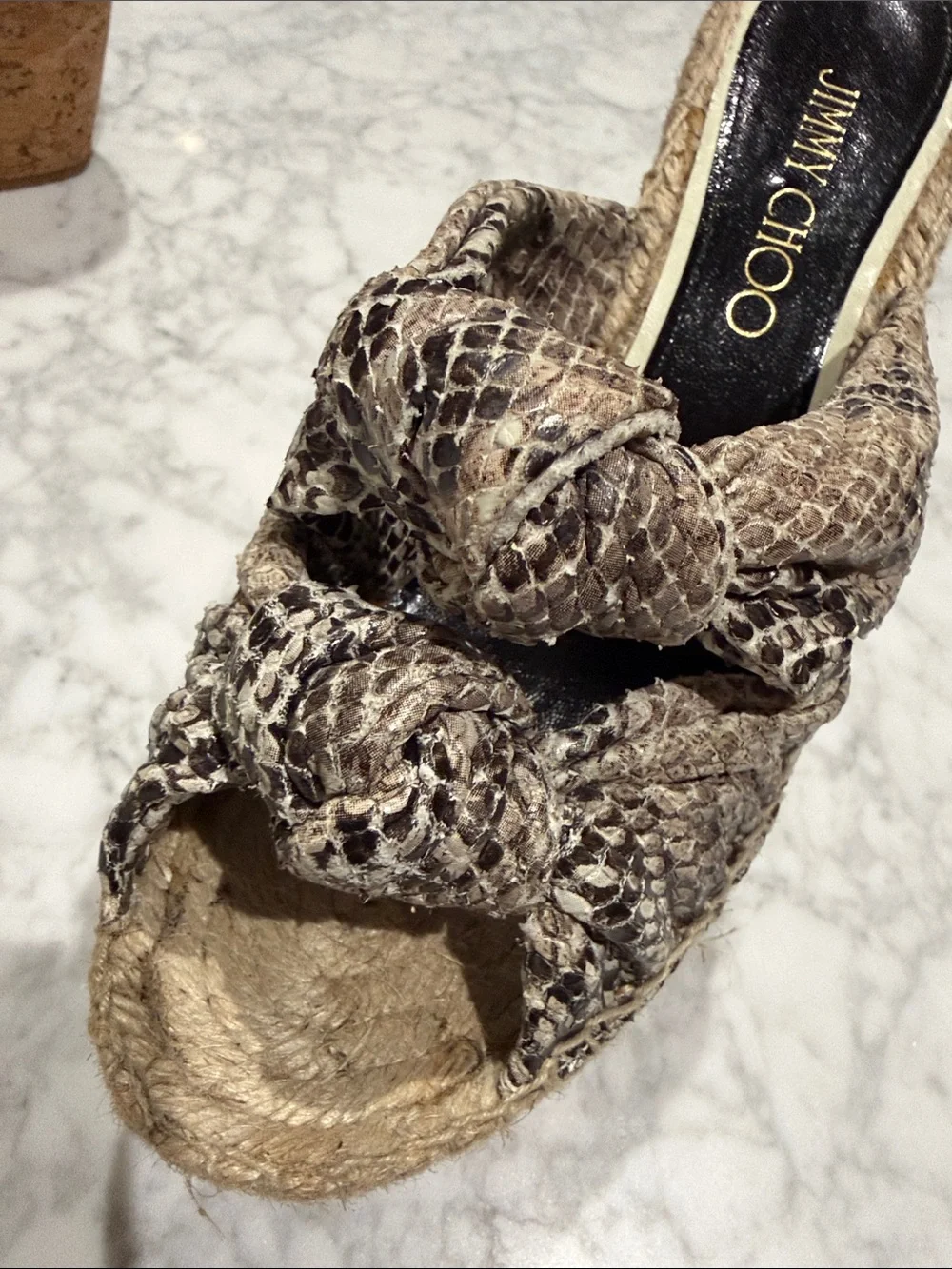 Jimmy Choo Knotted Natural Snake Print Leather Platform Wedge Sandal   37.5
